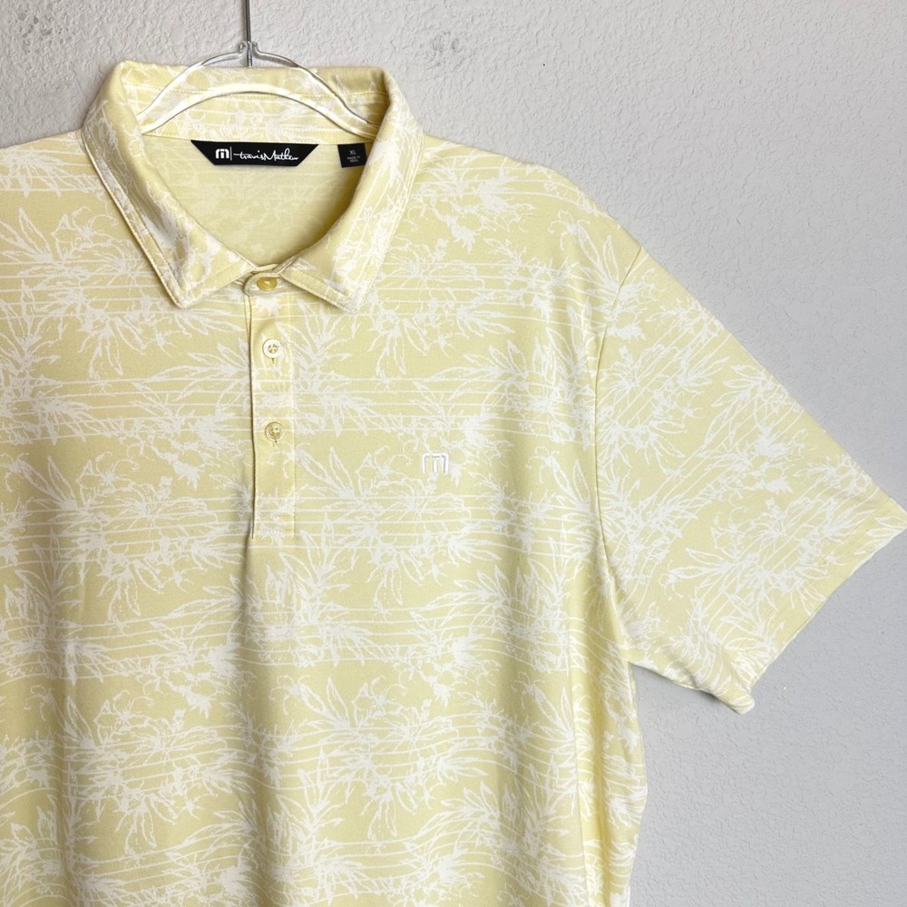 TravisMathew Mens XL‎ Yellow Floral Palm Print Pima Cotton Blend Golf Polo Shirt